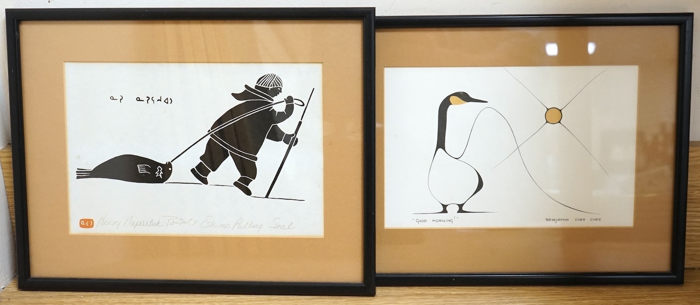 Benjamin Chee Chee (Canadian, 1944-1977), print, 'Good Morning' and Henry Napartuk, (Canadian/Inuit, 1932-1985), stone cut, Eskimo Pulling a Seal', 14 x 21cm